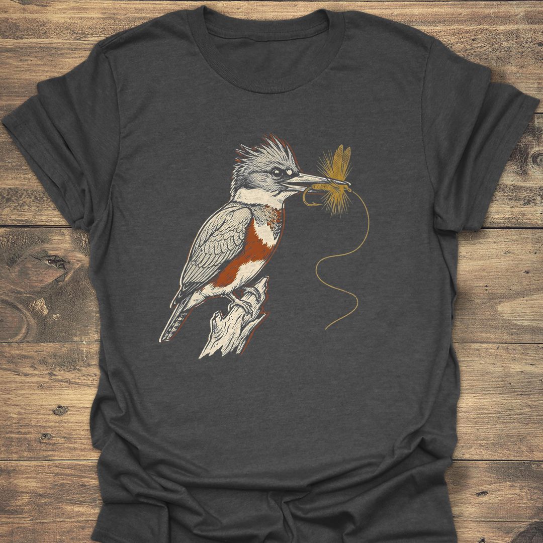 Kingfisher With Dry Fly - Dark Heather t-shirt