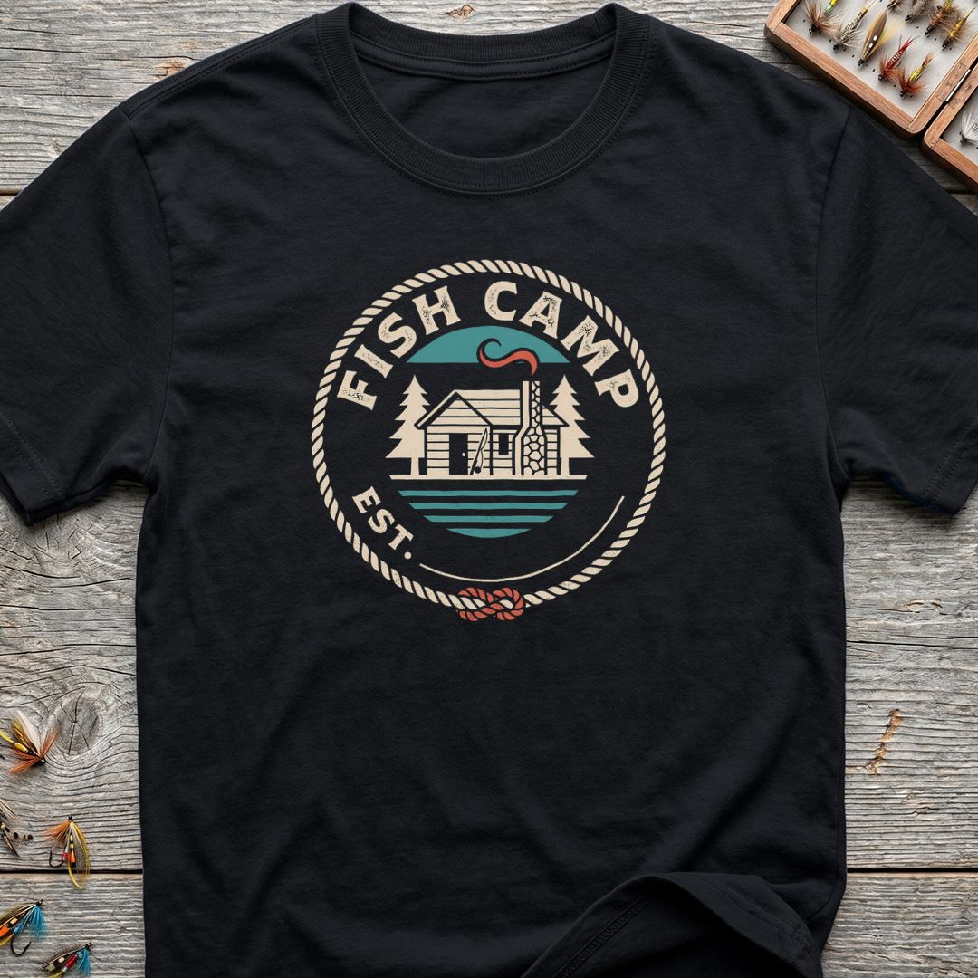 Fish Camp Cabin Badge - Black t-shirt