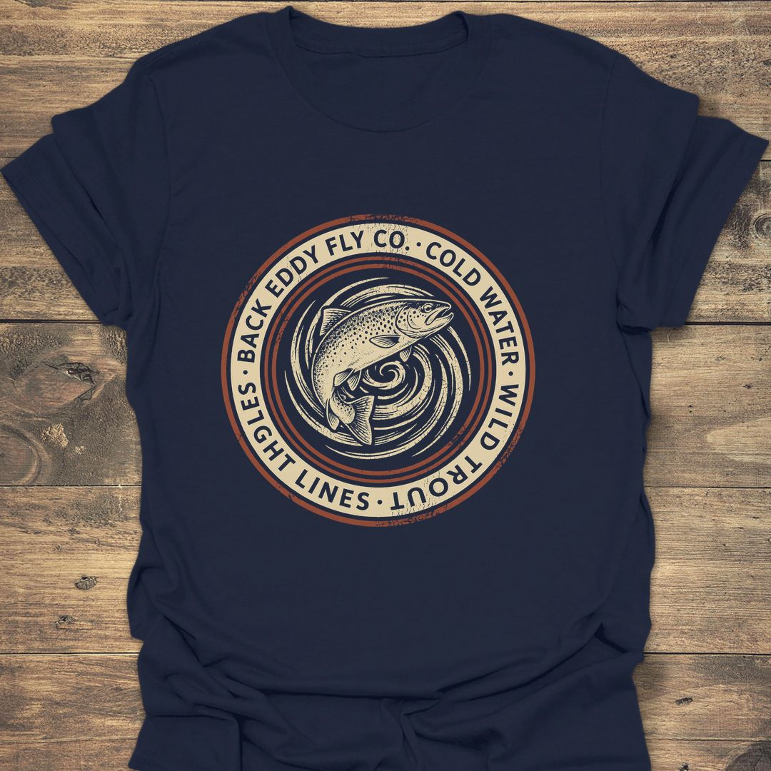 Back Eddy Wild Trout Badge - Navy t-shirt
