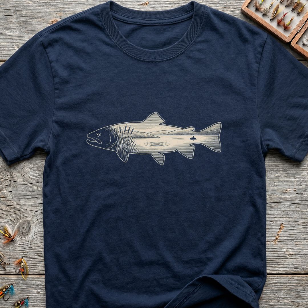 Trout River Scene Silhouette - Navy t-shirt