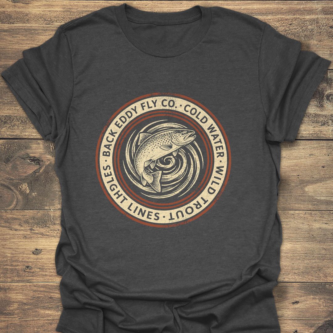 Back Eddy Wild Trout Badge - Dark Heather t-shirt
