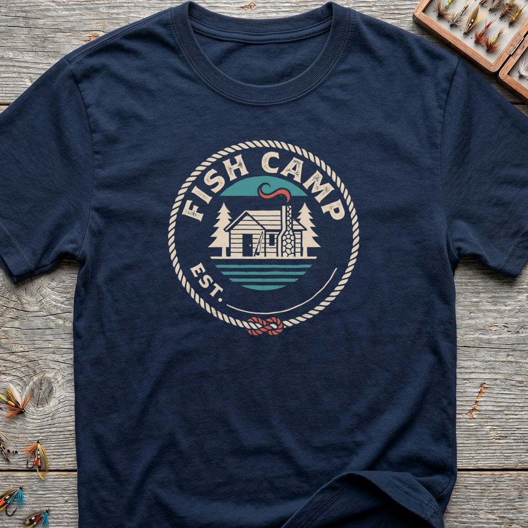 Fish Camp Cabin Badge - Navy t-shirt