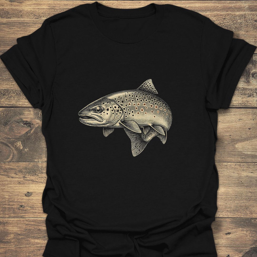 Vintage Brown Trout Etching - Black t-shirt
