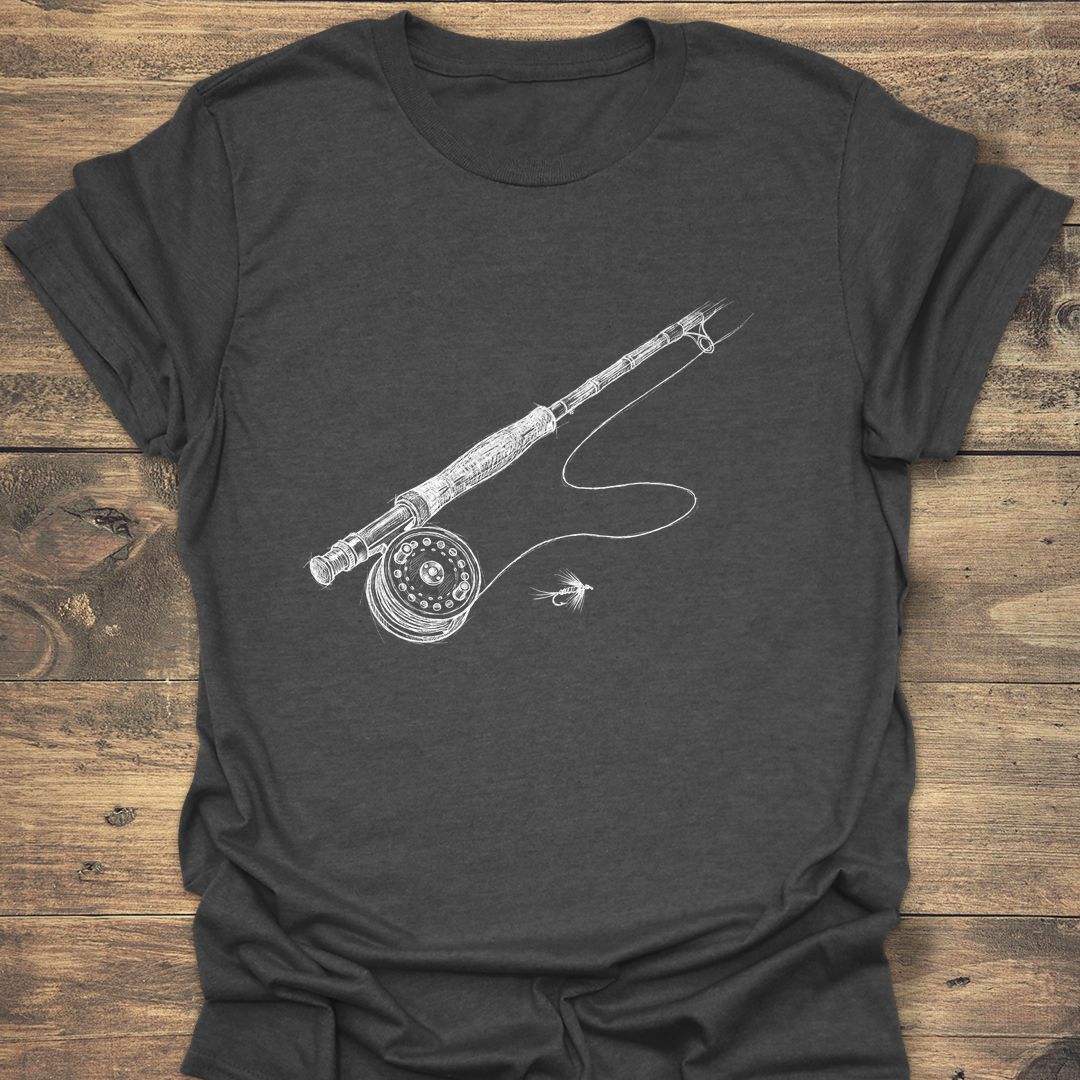 Fly Rod And Reel Sketch - Dark Heather t-shirt