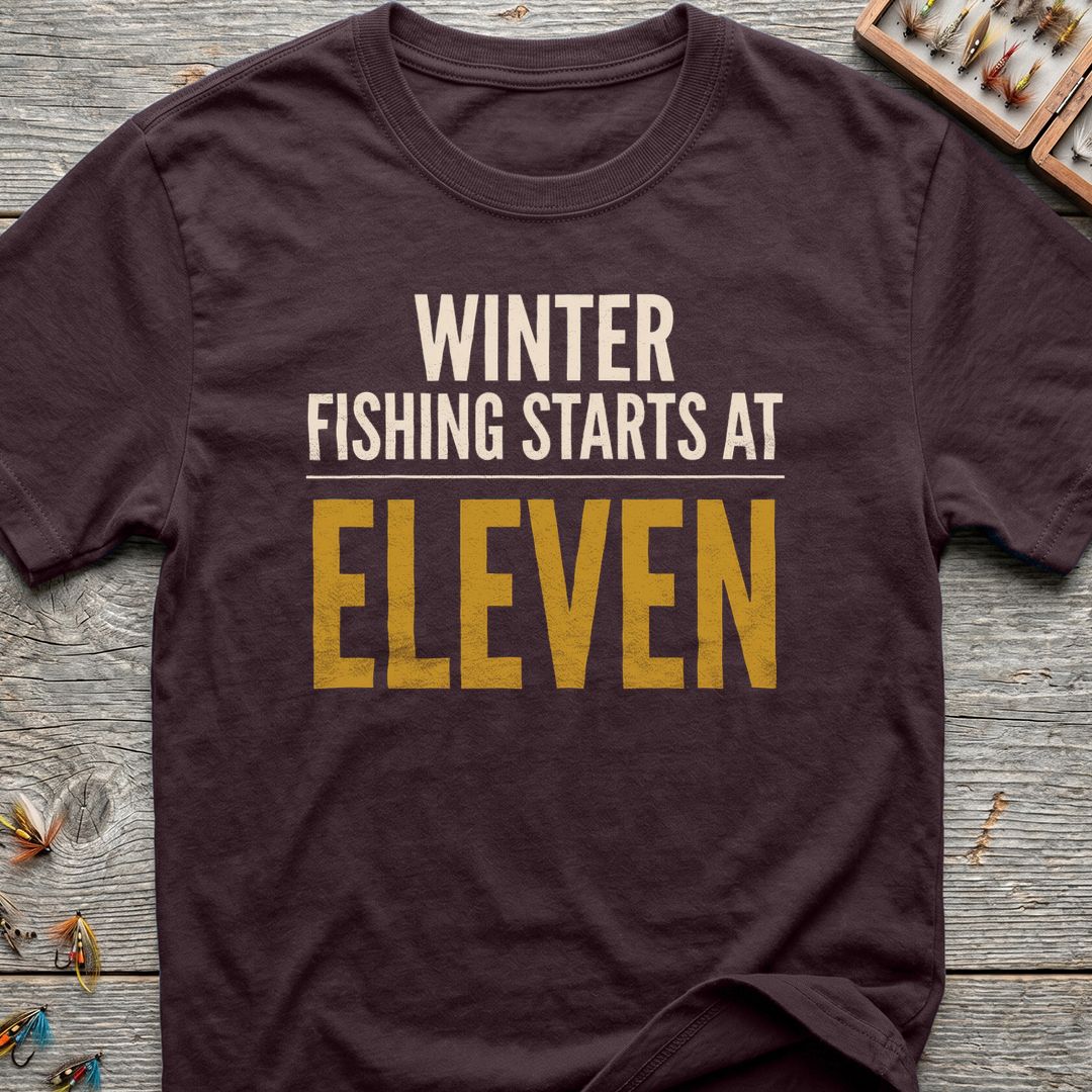 Winter Fishing Starts At Eleven - Dark Chocolate t-shirt