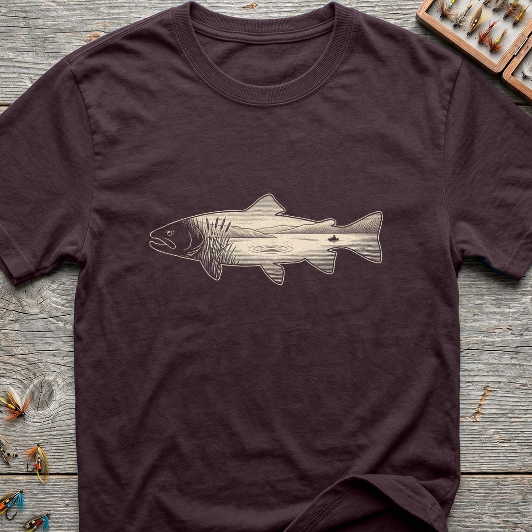 Trout River Scene Silhouette - Dark Chocolate t-shirt