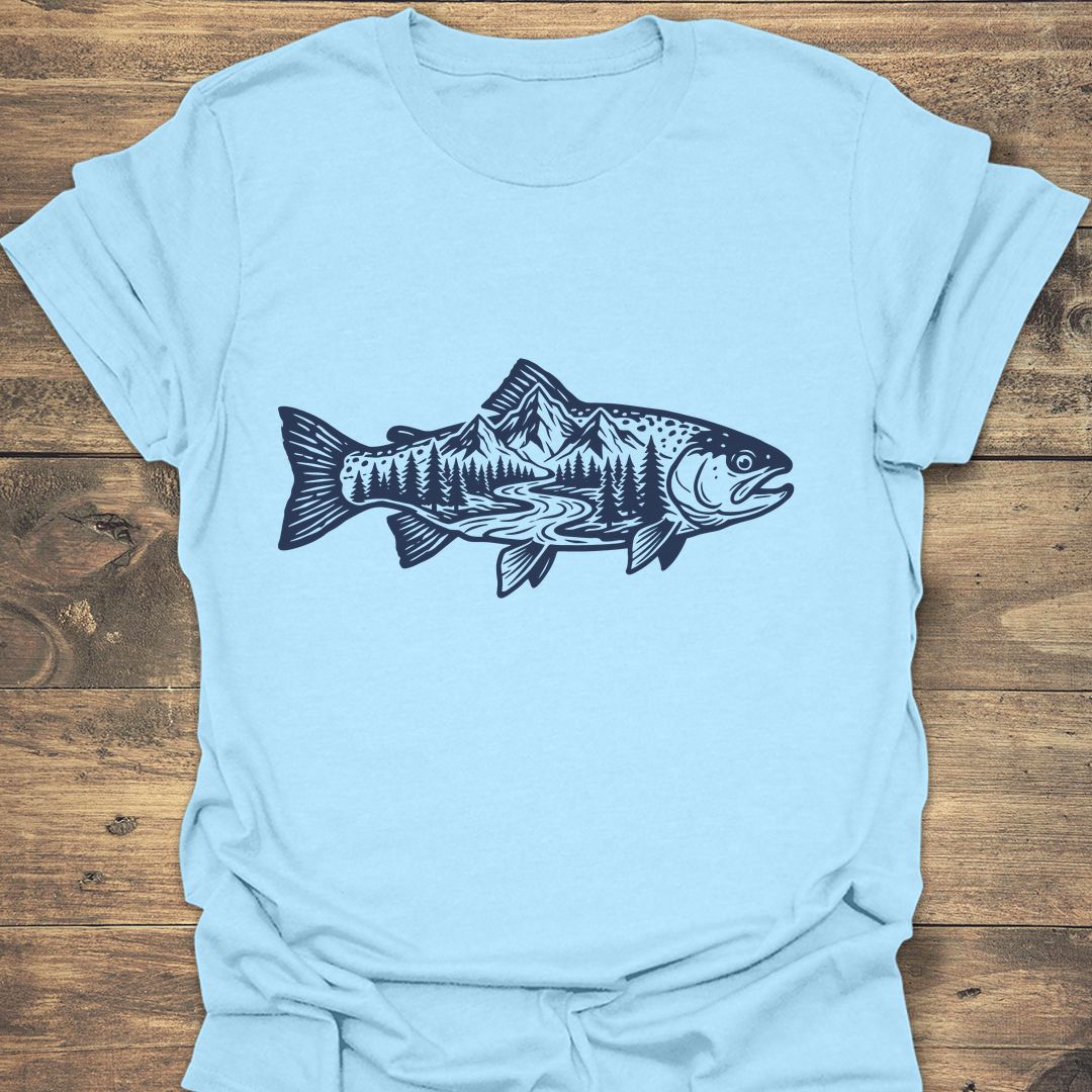 Trout River Mountain Scene - Light Blue t-shirt