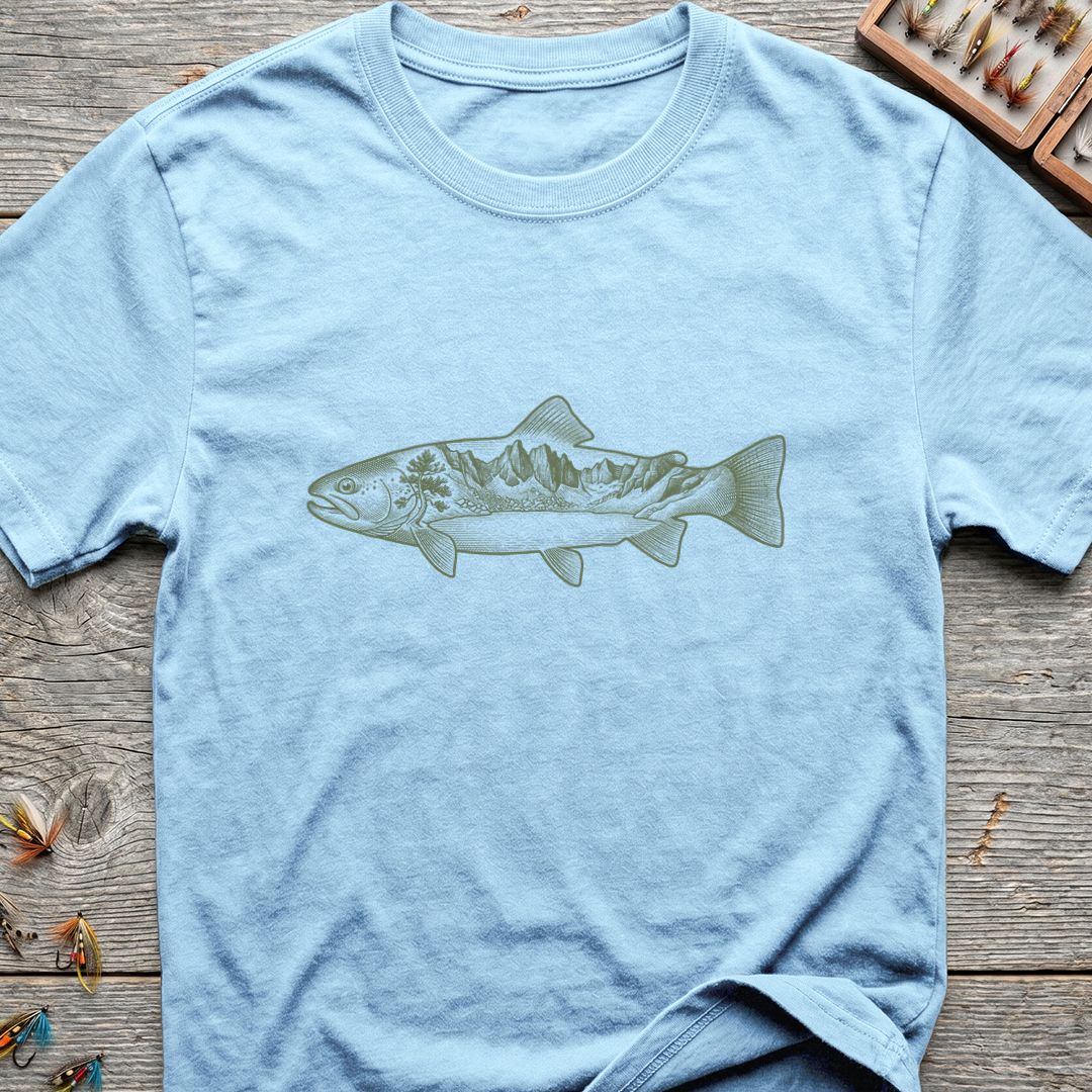 Mountain River Trout Scene - Light Blue t-shirt