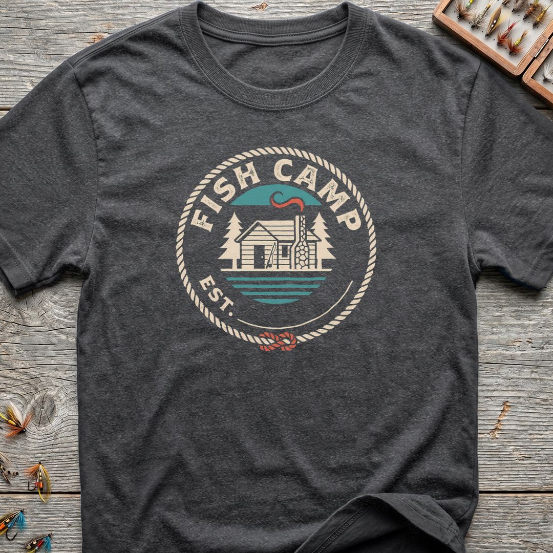 Fish Camp Cabin Badge - Dark Heather t-shirt