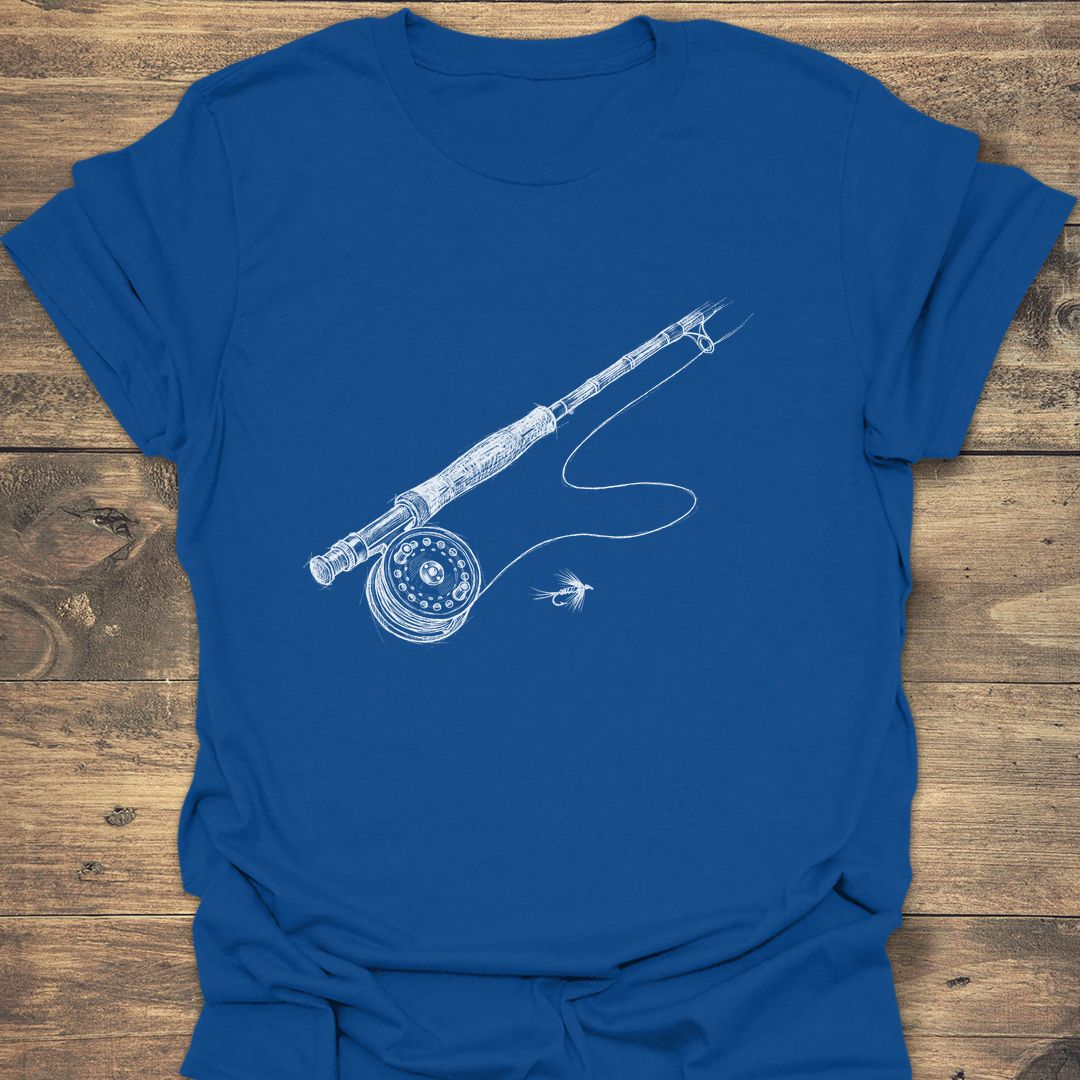 Fly Rod And Reel Sketch - Royal t-shirt