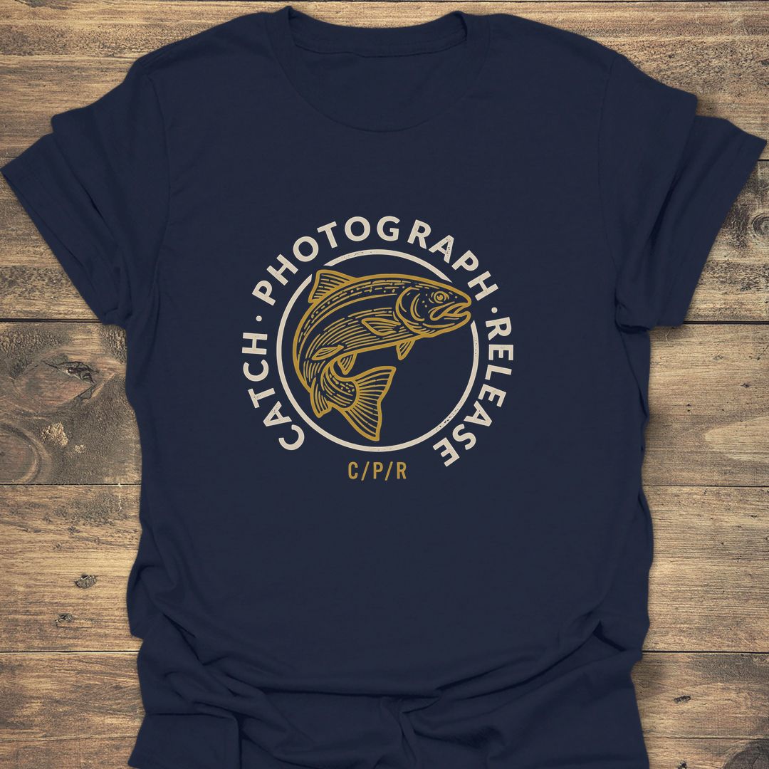 Catch Photograph Release Trout - Navy t-shirt