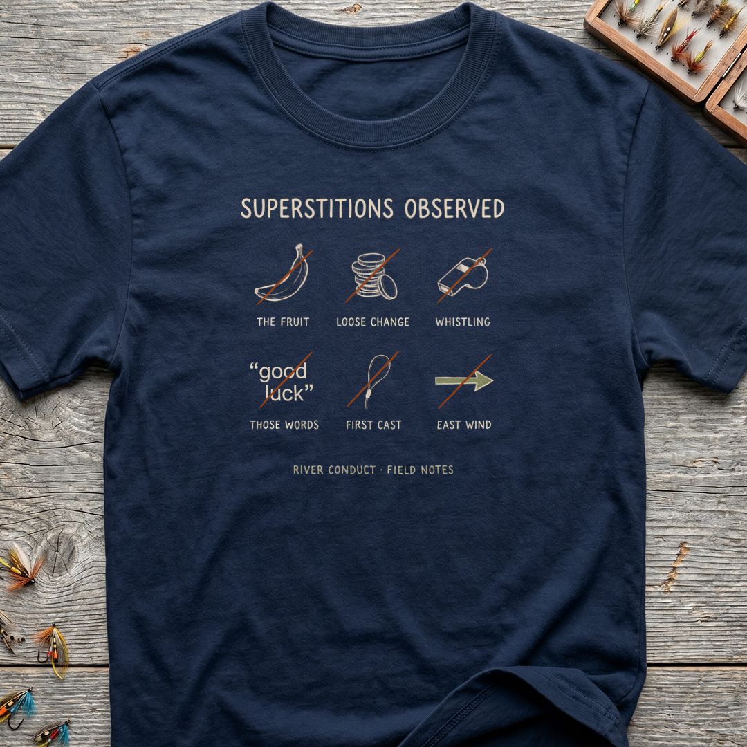 Superstitions Observed River Conduct - Navy t-shirt