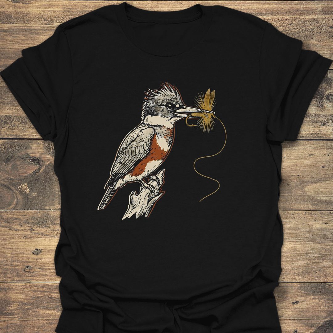 Kingfisher With Dry Fly - Black t-shirt
