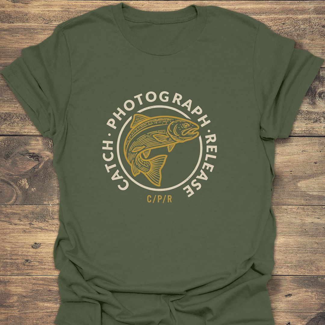 Catch Photograph Release Trout - Military Green t-shirt