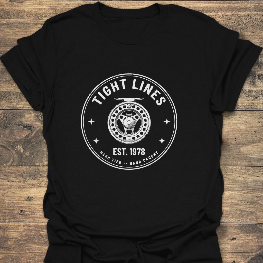 Tight Lines Hand Tied Reel - Black t-shirt