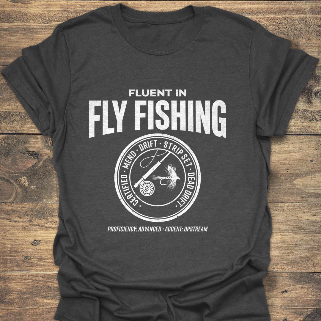 Fluent In Fly Fishing - Dark Heather t-shirt
