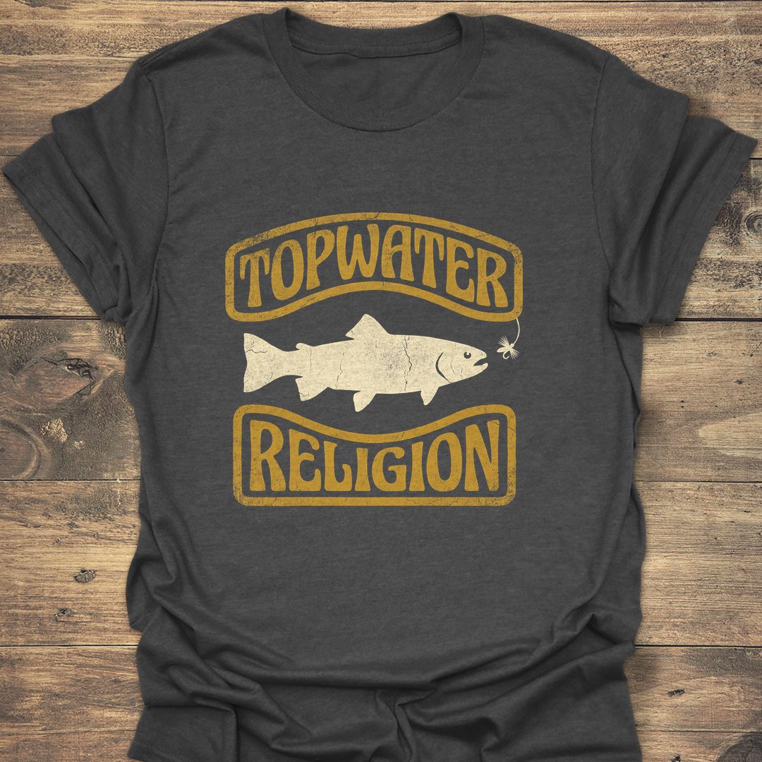 Topwater Religion Dry Fly Trout - Dark Heather t-shirt