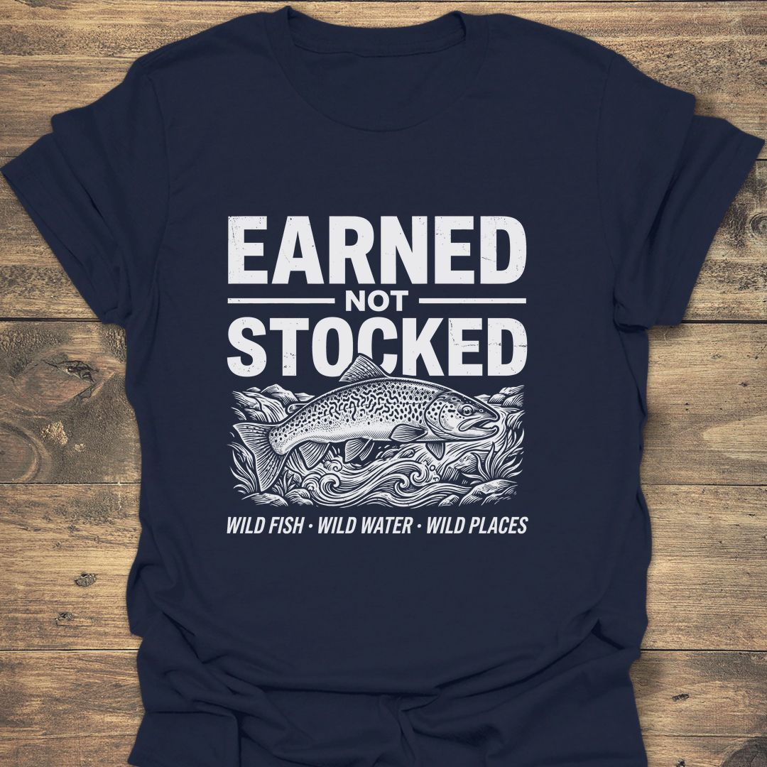 Earned Not Stocked Wild Trout - Navy t-shirt