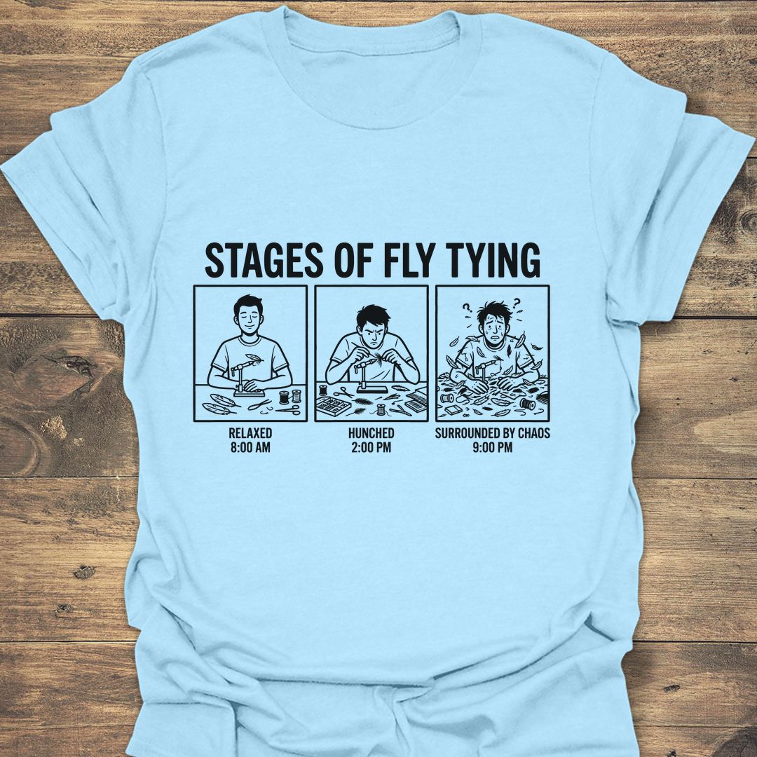 Stages Of Fly Tying - Light Blue t-shirt