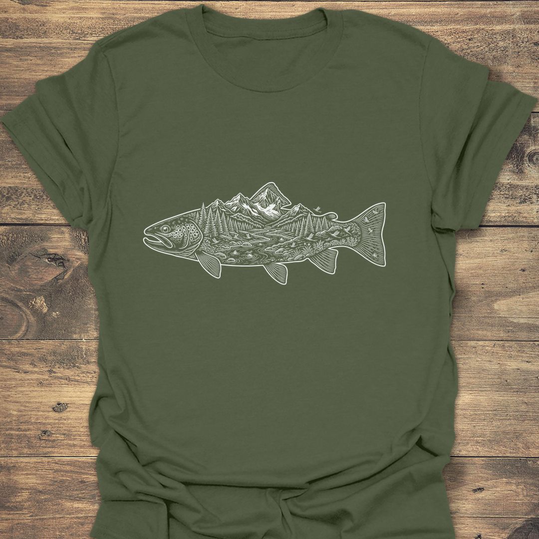 Trout River Valley Scene - Military Green t-shirt