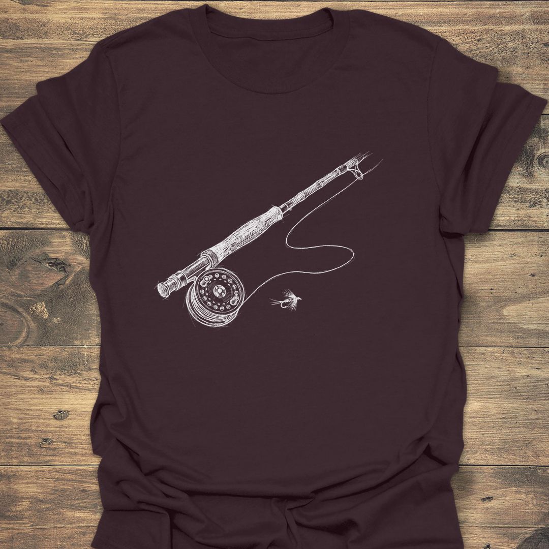 Fly Rod And Reel Sketch - Dark Chocolate t-shirt