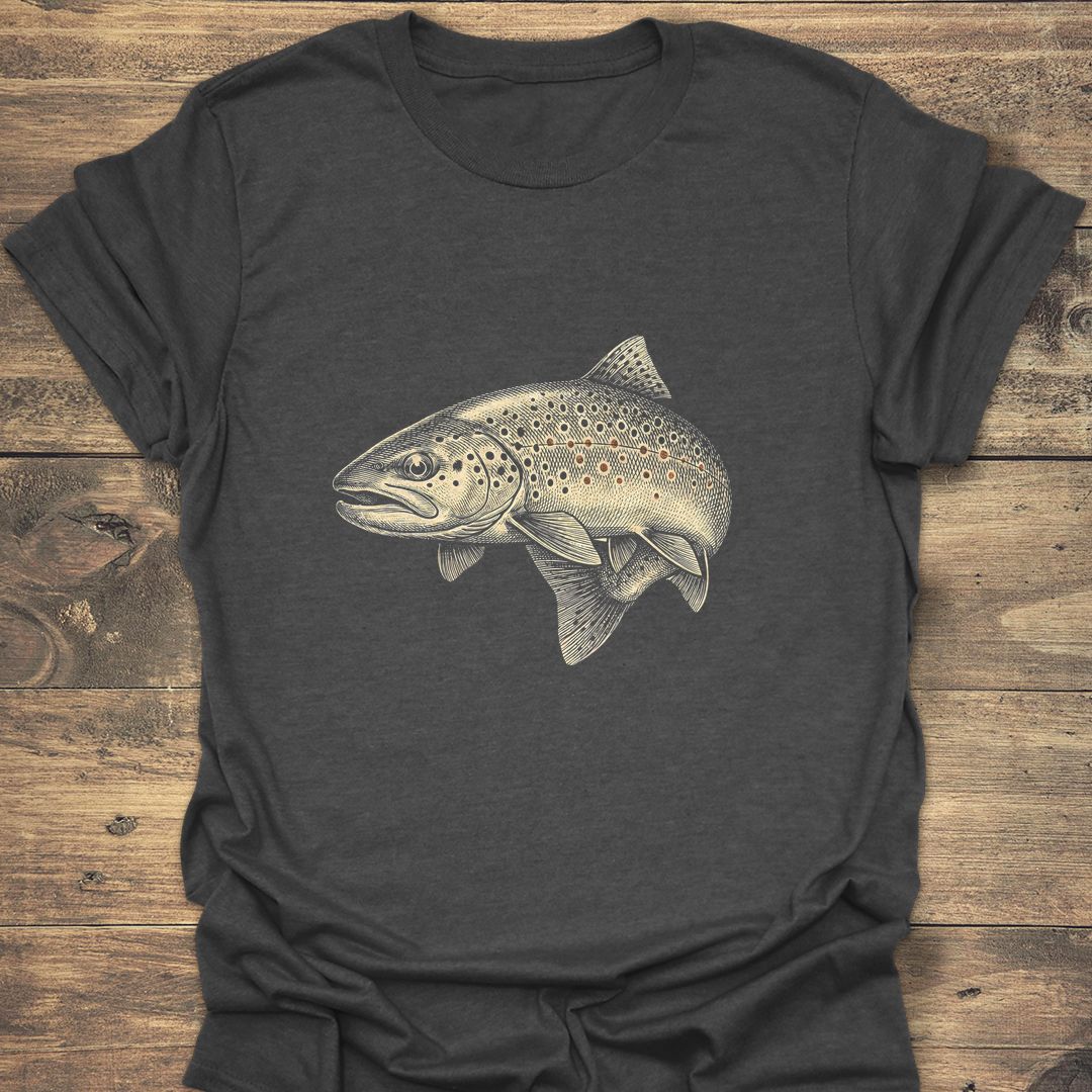 Vintage Brown Trout Etching - Dark Heather t-shirt