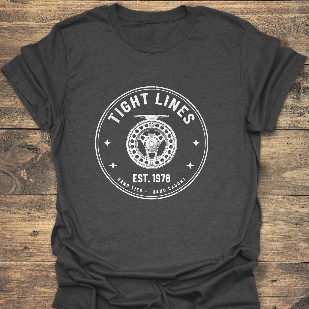 Tight Lines Hand Tied Reel - Dark Heather t-shirt