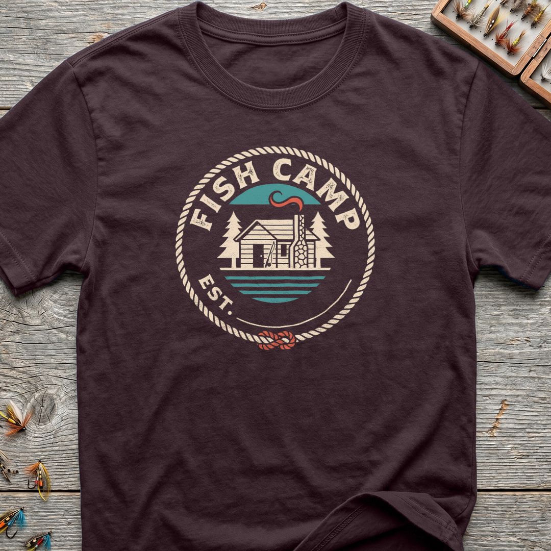 Fish Camp Cabin Badge - Dark Chocolate t-shirt