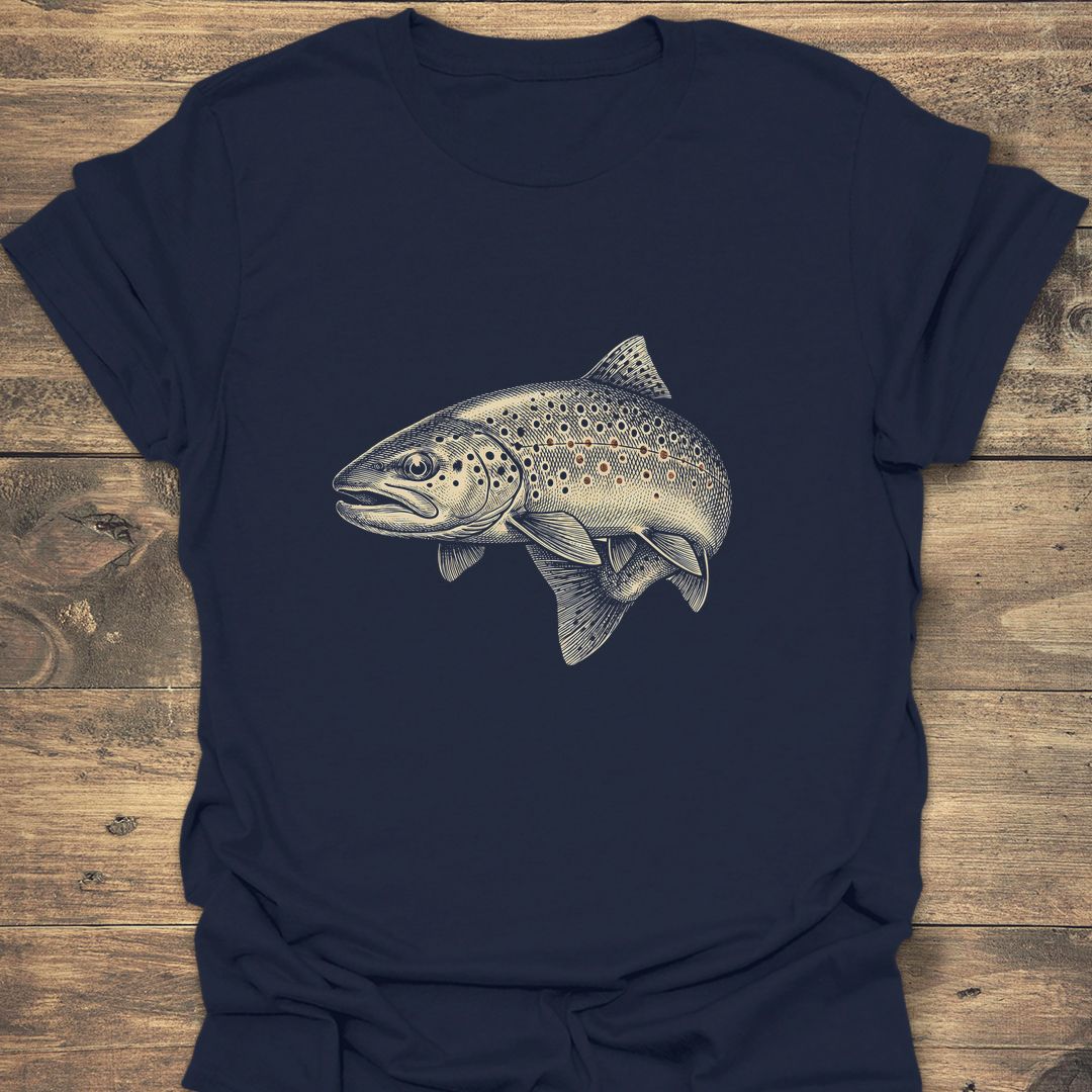 Vintage Brown Trout Etching - Navy t-shirt