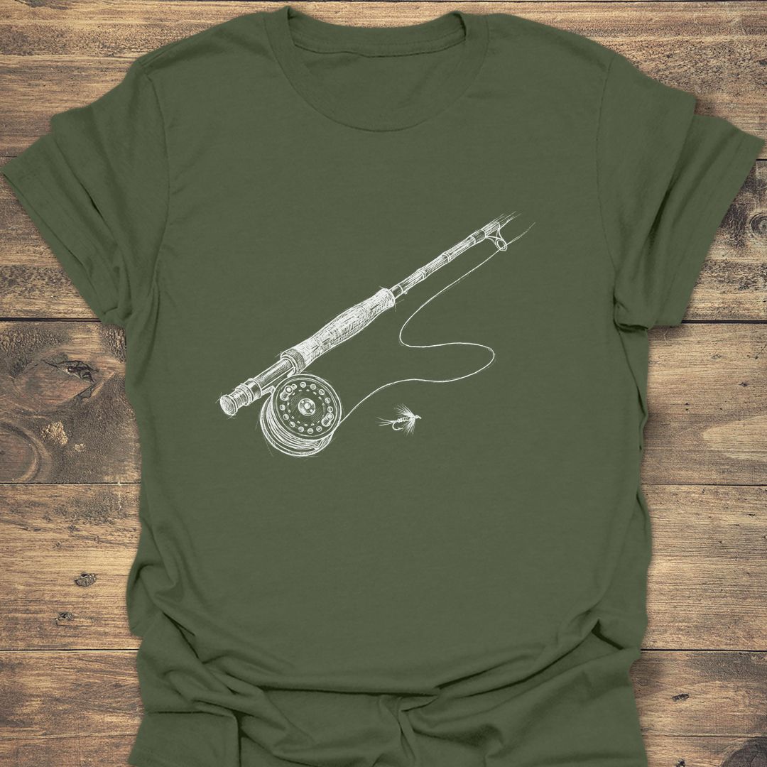 Fly Rod And Reel Sketch - Military Green t-shirt