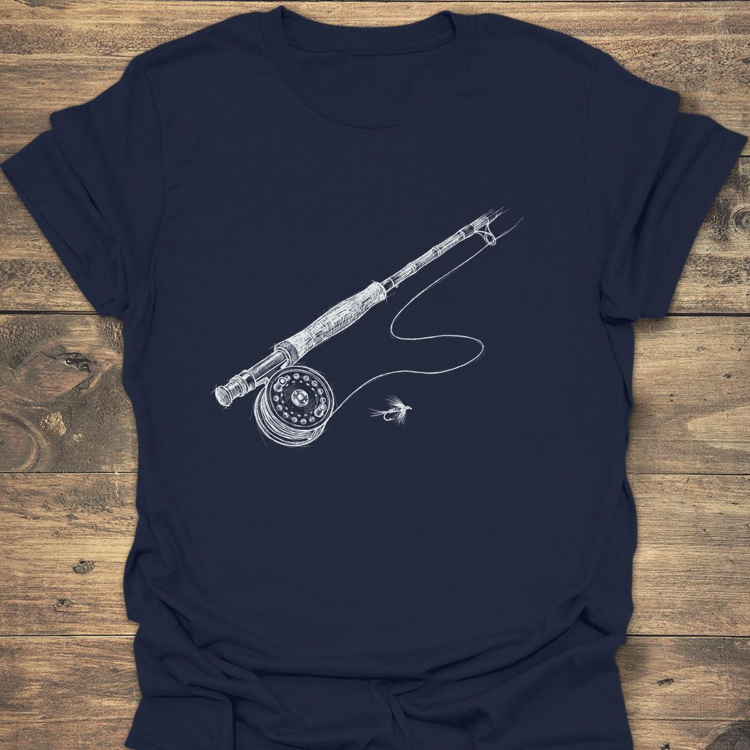 Fly Rod And Reel Sketch - Navy t-shirt