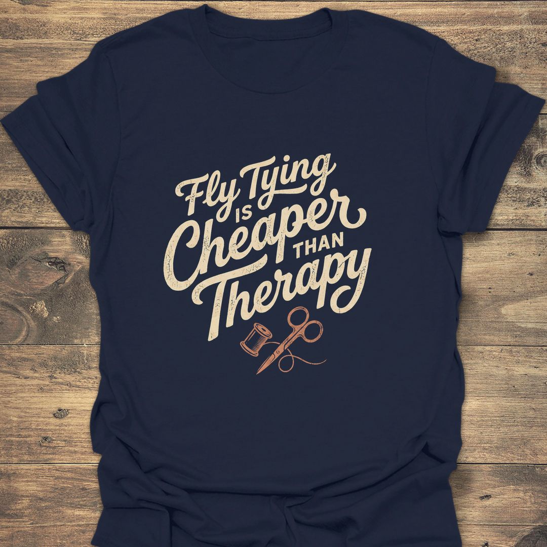Fly Tying Cheaper Than Therapy - Navy t-shirt