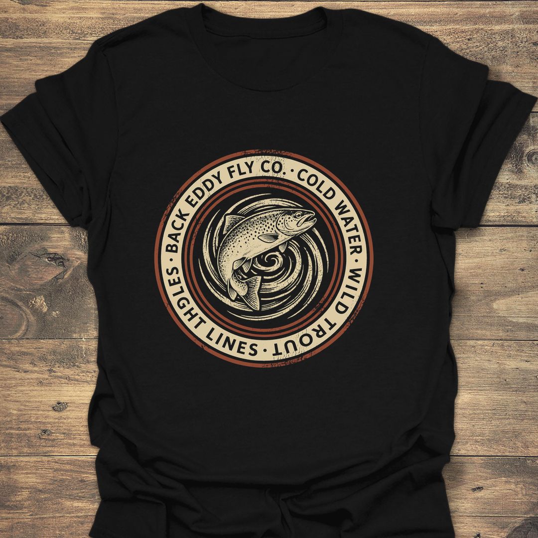 Back Eddy Wild Trout Badge - Black t-shirt