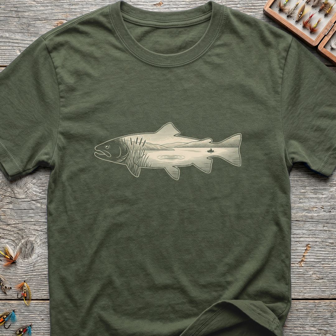 Trout River Scene Silhouette - Military Green t-shirt
