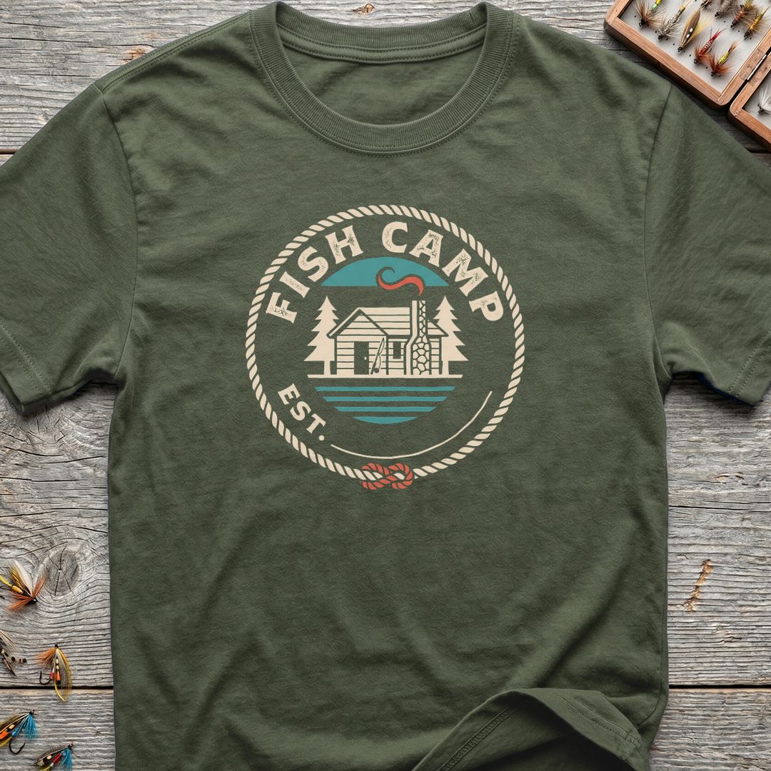 Fish Camp Cabin Badge - Military Green t-shirt