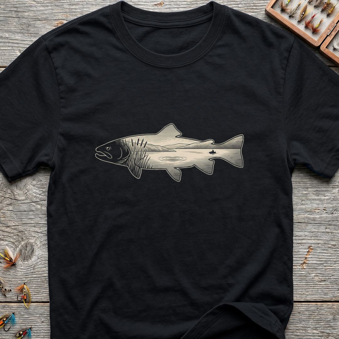 Trout River Scene Silhouette - Black t-shirt