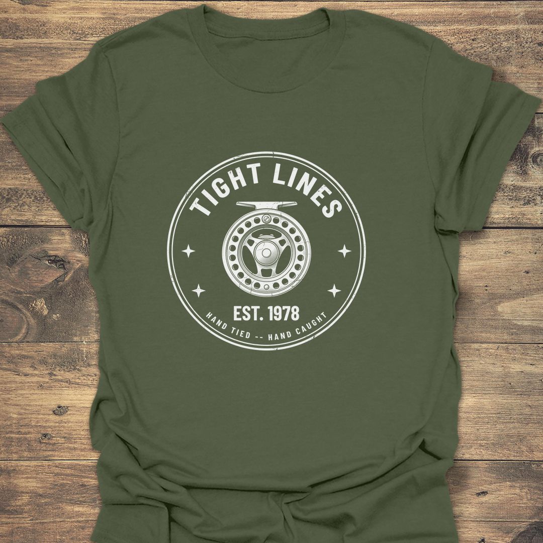 Tight Lines Hand Tied Reel - Military Green t-shirt