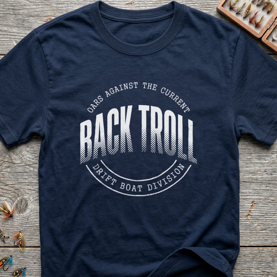 Back Troll Drift Boat Division - Navy t-shirt