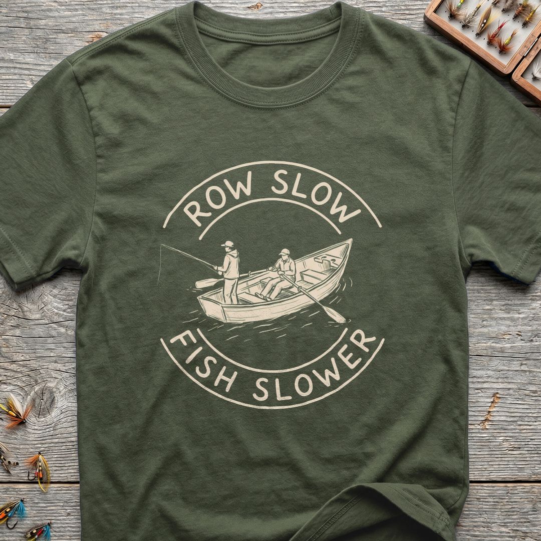 Row Slow Fish Slower - Military Green t-shirt